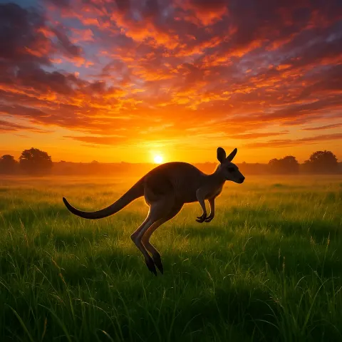 Kangaroo Leaping Through a Lush Meadow as the Sun Rises