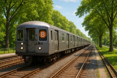 Silver Subway Train Marked with the Letter "B" Travels