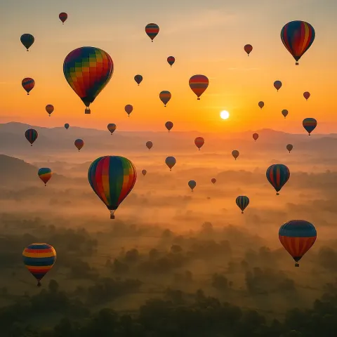 Dozens of Brightly Colored Hot Air Balloons Drift Lazily