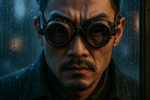 Infamous East Asian Figure's Intense Gaze Through Steampunk Goggles