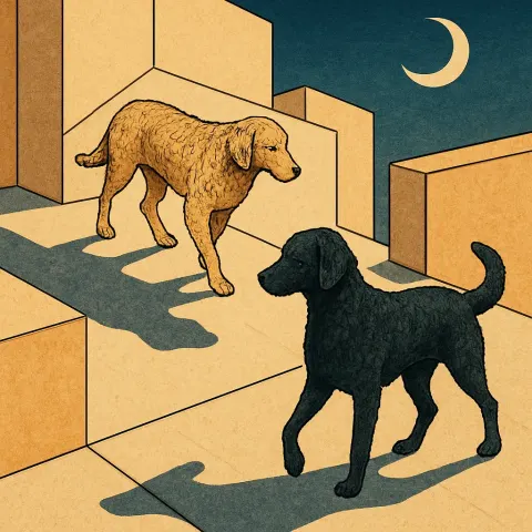 Two Diverse Curly-coated Retrievers Cast Crisp Twilight Shadows Across Stark