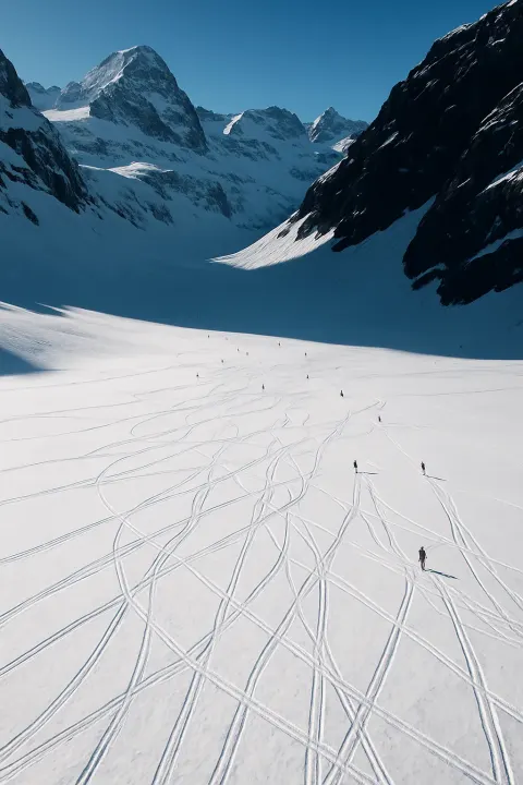 Many Distant Skiers Create a Network of Thin Tracks