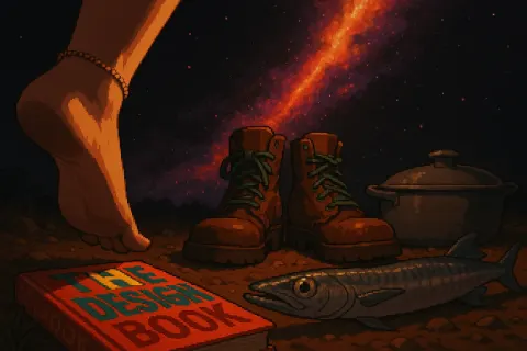 Ankleted Foot Nears Pixel-art Boots Standing Among a Vibrant Typographic
