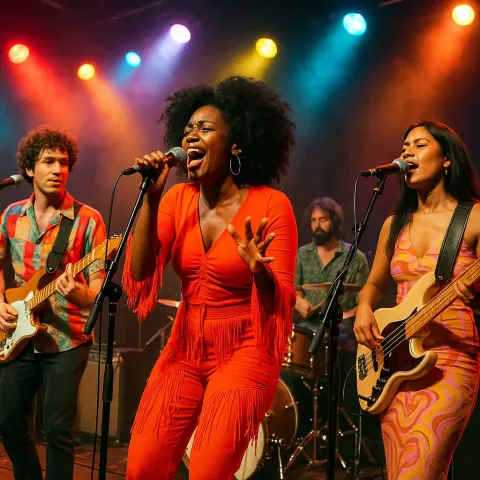 Live Concert Performance Featuring Musicians on Stage with Microphones