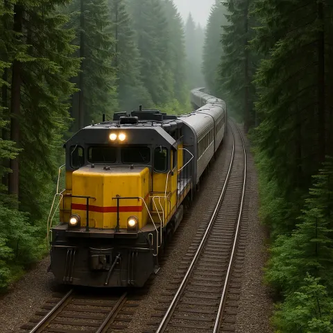 Train Powering Through a Dense Forest