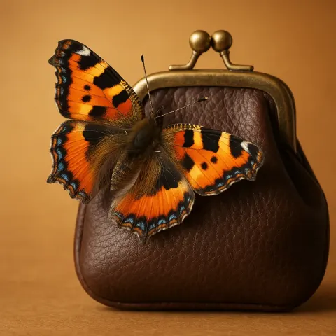 Colorful Butterfly Resting on the Edge of a Leather Wallet