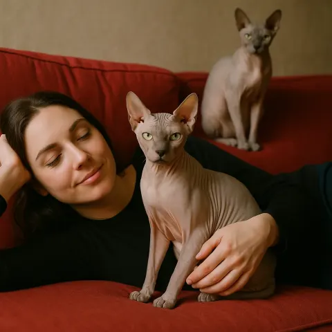 Woman Lying on a Red Couch with Two Sphynx Cats