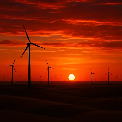 Myriad Distant Wind Turbines Stand Silhouetted Against a Fiery Sunset