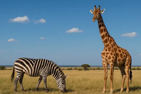Giraffe and a Zebra Eating Grass Together on a Vast