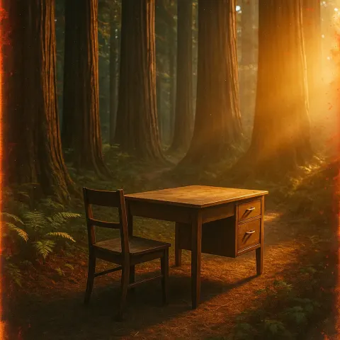 Lone Desk in a Towering Redwood Grove