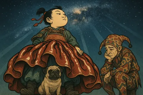 Nonchalant Ukiyo-e Child Warrior's Voluminous High-gloss Overskirt Nearly Engulfs