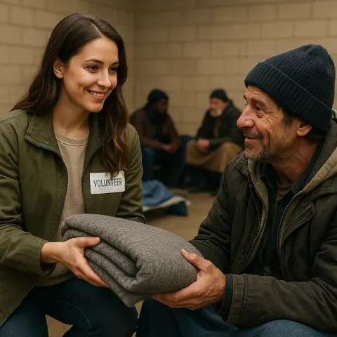 Volunteer Offers Warm Blankets While Sharing a Kind Smile