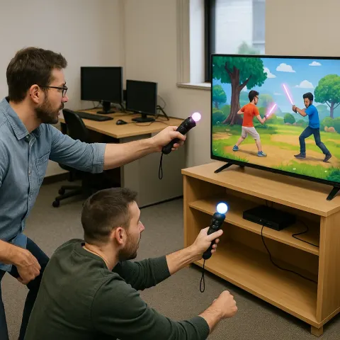 Two Men Playing a Video Game on a Large Screen