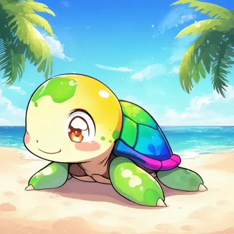 Rainbow Shelled Anime Turtle on Tropical Beach