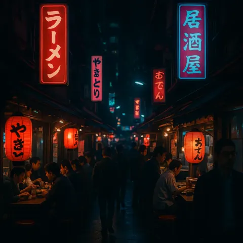 Shadowy Alley in Tokyo Alive with Glowing Neon Signs