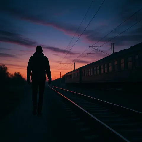 Scenic Depiction of Someone Walking Alongside Railroad Tracks