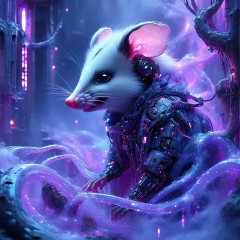 Dreamlike Cyberpunk Opossum in Purple Light