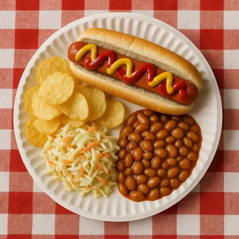 Paper Plate with a Hot Dog Topped with Ketchup