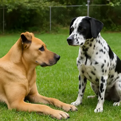 Spotted Black-and-white Dog Stands in a Grassy Yard