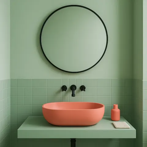 Bathroom Painted Mint Green Featuring a Circular Mirror