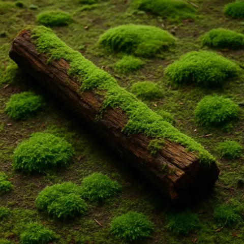 Brown Log Adorned with Moss and Clusters of Vibrant