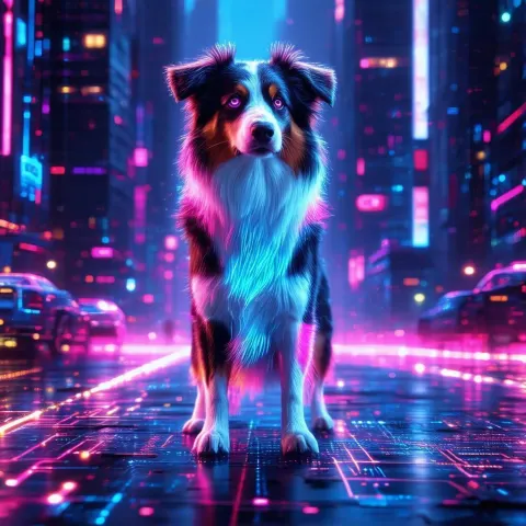 Neon Furred Australian Shepherd in Cyber City