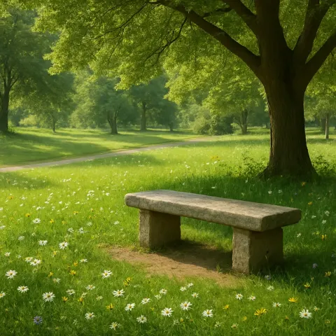Green Grassy Park with Colorful Wildflowers Encircling a Stone Bench