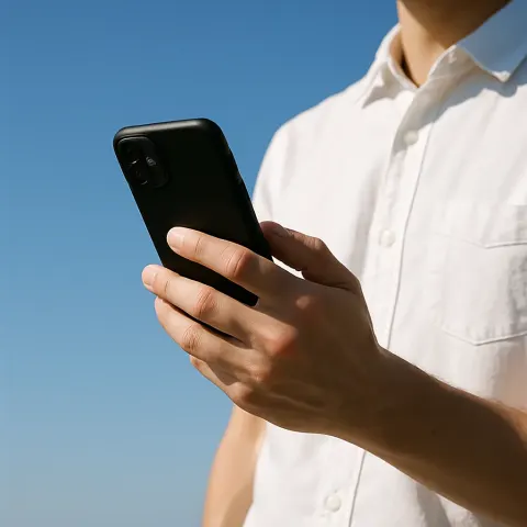 Person Wearing a White Shirt Holds a Black Smartphone Outdoors