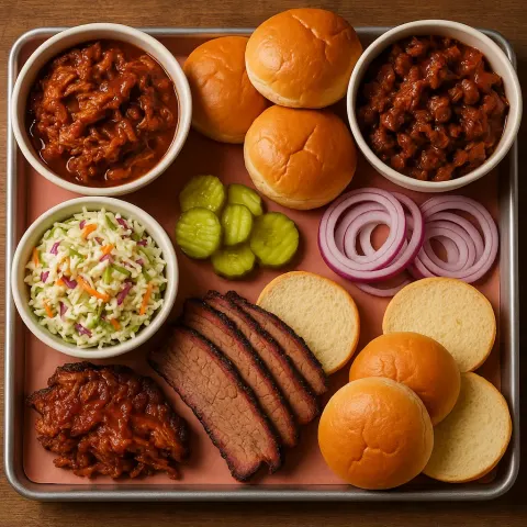 Tray of Various Barbecue Dishes and Sandwich Ingredients Including Coleslaw