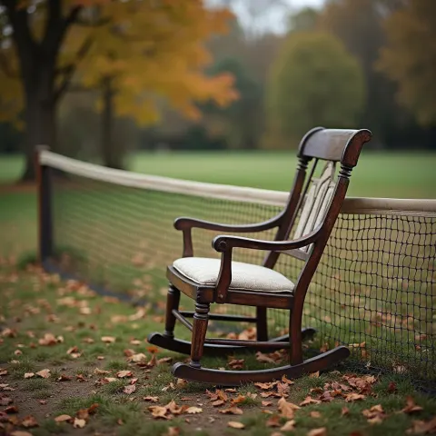 Vintage Rocking Chair by a Worn Tennis Net