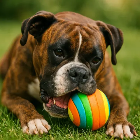 Joyful Brindle Boxer Is Lying on the Lawn