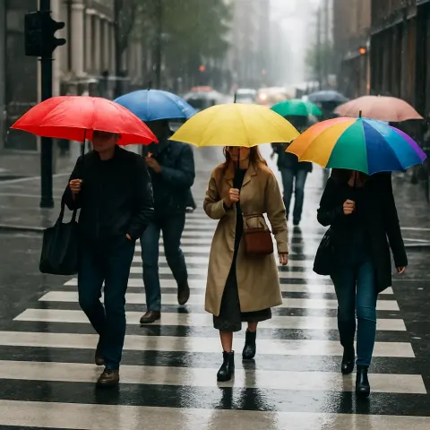 Crowd of Individuals Crossing the Street in Rainy Weather