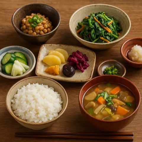 Traditional Japanese Meal Served on a Wooden Table
