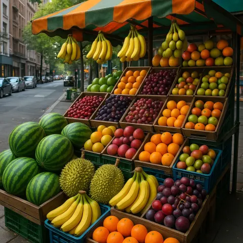 Vibrant Outdoor Fruit Stand Displaying Watermelons