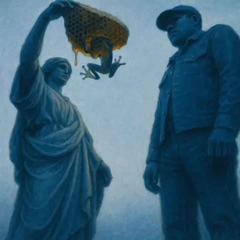 Towering Figure in Classical Drapery Presents a Sticky Honeycomb's Underside