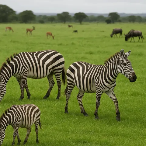 Zebras Grazing and Walking on a Lush Green Field