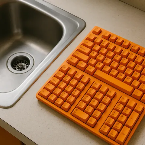 Stainless Steel Sink with an Orange Computer Keyboard Positioned Nearby
