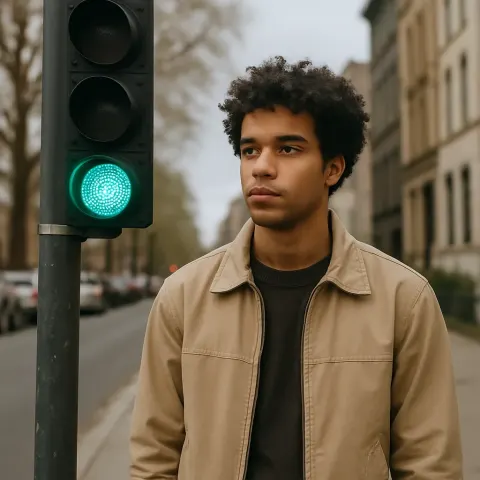 Picture Showing an Individual Standing Close to a Traffic Signal