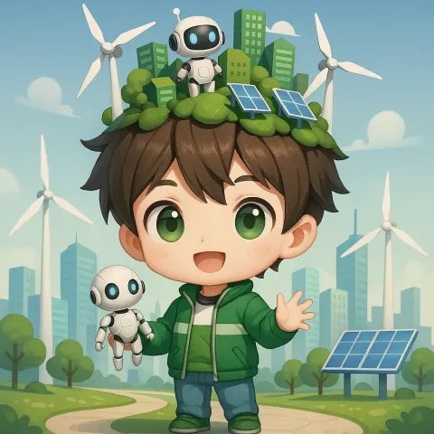 3D Chibi-style Anime Boy Character That Personifies a Futuristic Eco-city