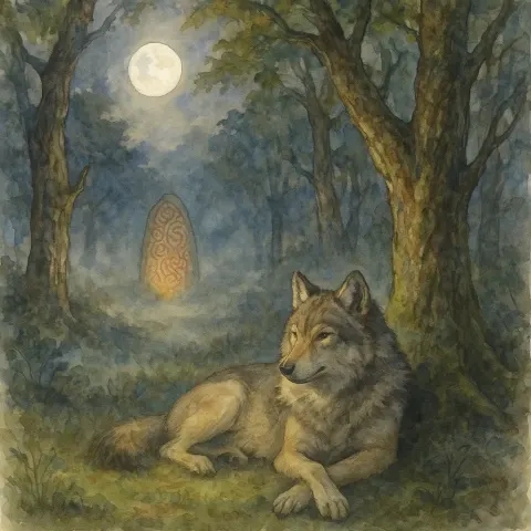 Moonlit Clearing Surrounded by a Misty Forest