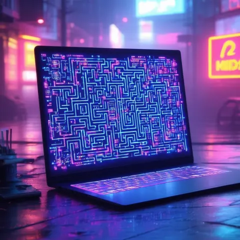 Neon Laptop With Glowing Maze Sticker