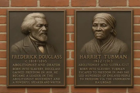 Two Plaques on a Brick Wall Featuring Sculpted Busts