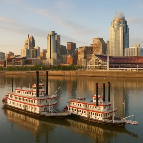 Riverboats Docked Along the Cincinnati Waterfront with the City's Skyline