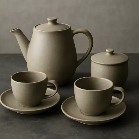 Photograph Showcasing a Ceramic Tea Set Positioned on a Charcoal-gray