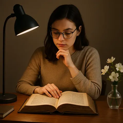 Contemplative Young Woman Wearing Oval-shaped Glasses Focuses Deeply