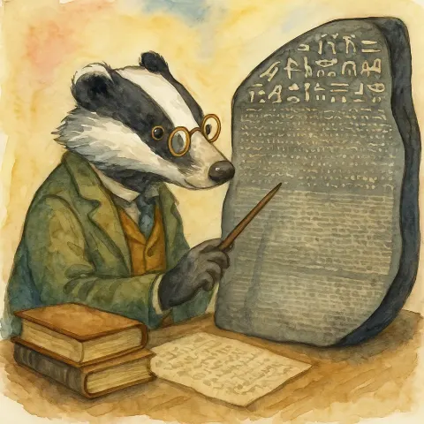 Playful Watercolor Artwork Depicting a Scholarly Badger Examining the Ancient