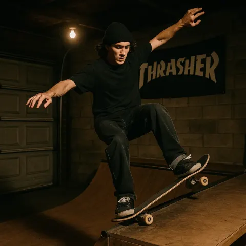 Skateboarder Performs a Grind on an Indoor Ramp