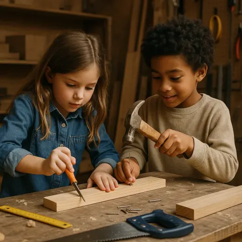 Two Children Are Engaged in a Woodworking Activity