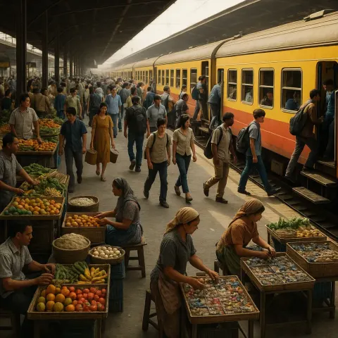 Busy Train Station Platform with People Boarding a Train