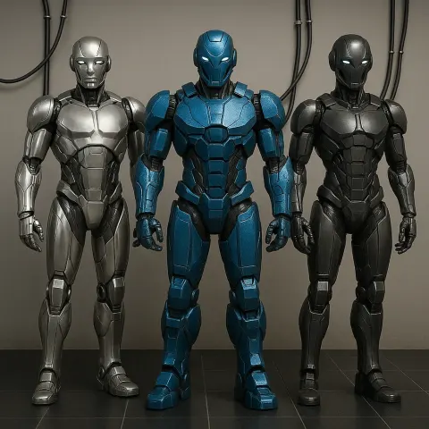 Trio of Futuristic Robots Stands in a Row